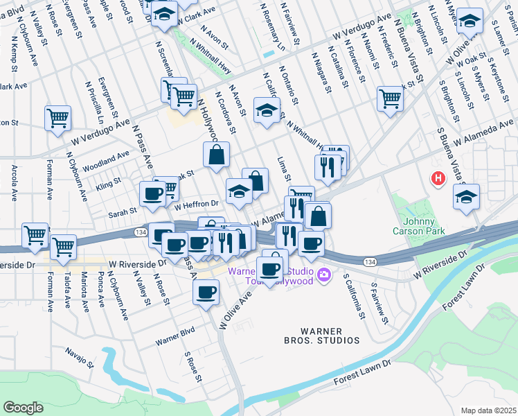 map of restaurants, bars, coffee shops, grocery stores, and more near 210 North Cordova Street in Burbank