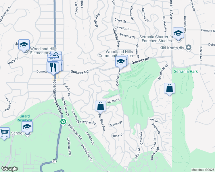 map of restaurants, bars, coffee shops, grocery stores, and more near 21456 Salamanca Avenue in Los Angeles