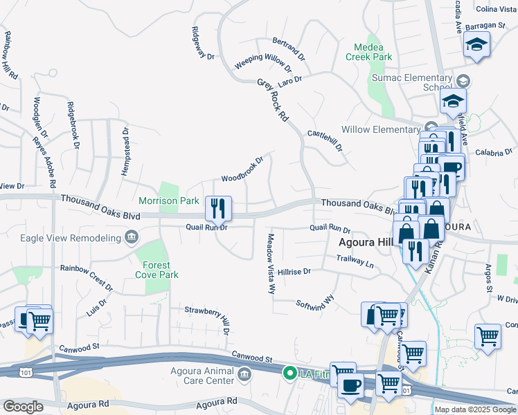 map of restaurants, bars, coffee shops, grocery stores, and more near 29534 Meadowmist Way in Agoura Hills