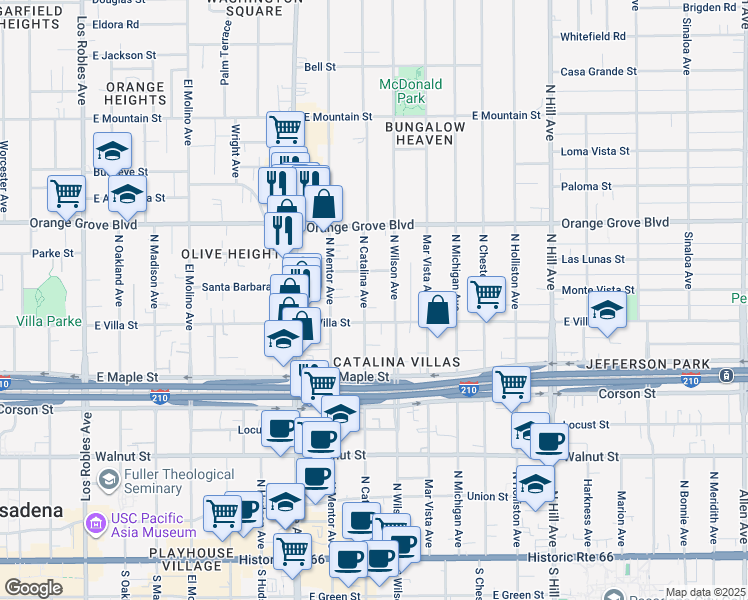 map of restaurants, bars, coffee shops, grocery stores, and more near 526 North Catalina Avenue in Pasadena