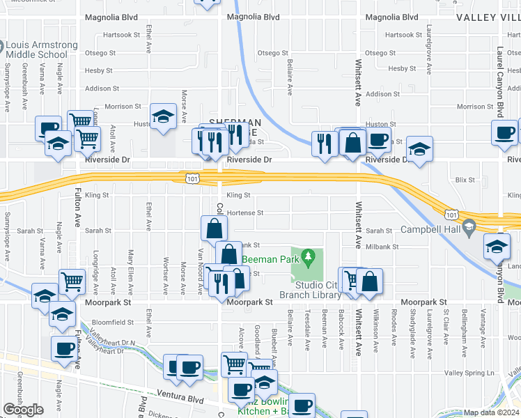 map of restaurants, bars, coffee shops, grocery stores, and more near 12755 Hortense Street in Los Angeles