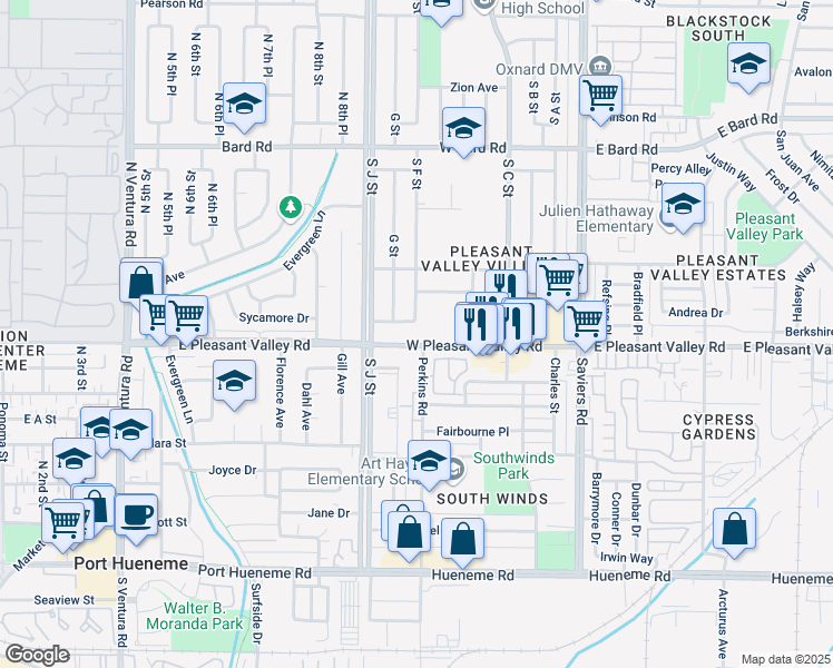 map of restaurants, bars, coffee shops, grocery stores, and more near 573 West Pleasant Valley Road in Oxnard