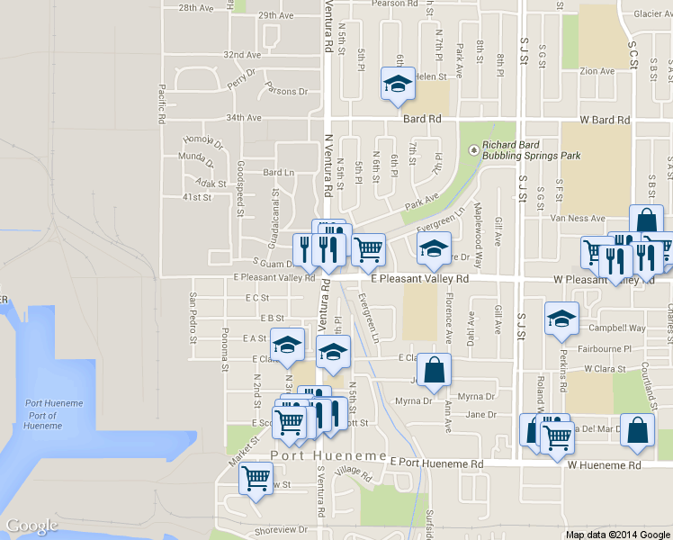 map of restaurants, bars, coffee shops, grocery stores, and more near 814 N Ventura Rd in Port Hueneme