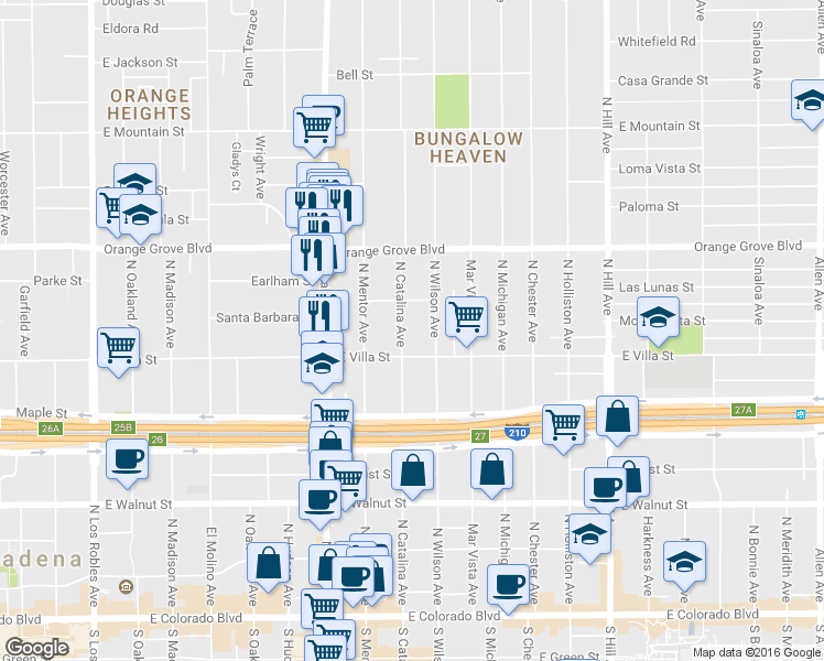map of restaurants, bars, coffee shops, grocery stores, and more near 540 North Catalina Avenue in Pasadena