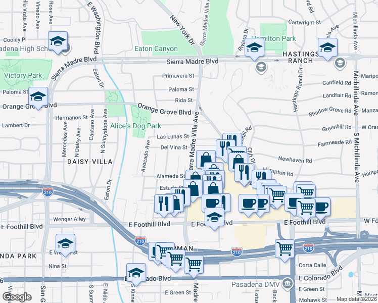 map of restaurants, bars, coffee shops, grocery stores, and more near 509 Sierra Madre Villa Avenue in Pasadena