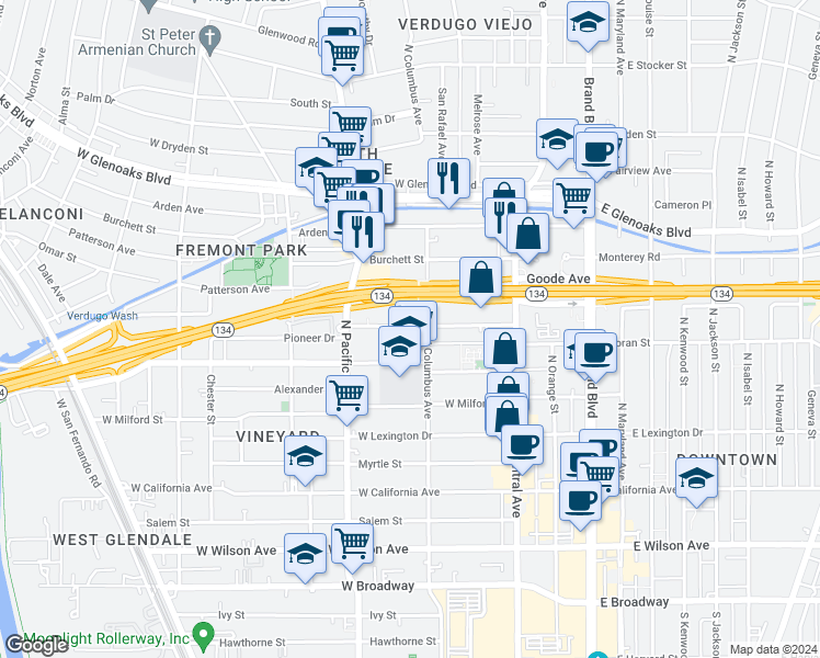 map of restaurants, bars, coffee shops, grocery stores, and more near 412 Pioneer Drive in Glendale