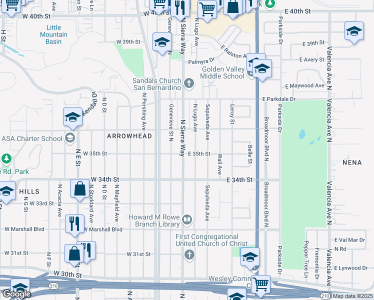 map of restaurants, bars, coffee shops, grocery stores, and more near 3515 North Sierra Way in San Bernardino
