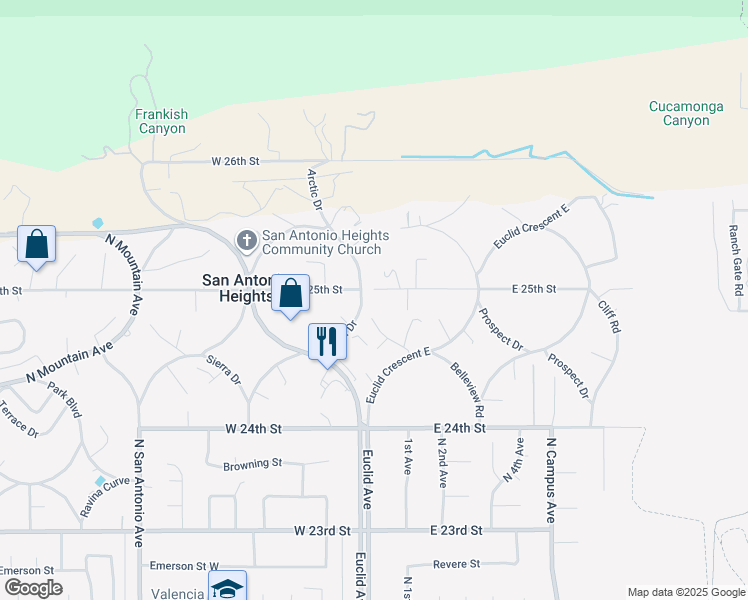 map of restaurants, bars, coffee shops, grocery stores, and more near 2492 Belleview Road in Upland
