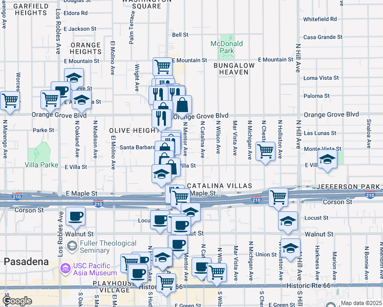 map of restaurants, bars, coffee shops, grocery stores, and more near 532 North Mentor Avenue in Pasadena