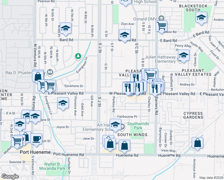map of restaurants, bars, coffee shops, grocery stores, and more near 565 West Pleasant Valley Road in Oxnard
