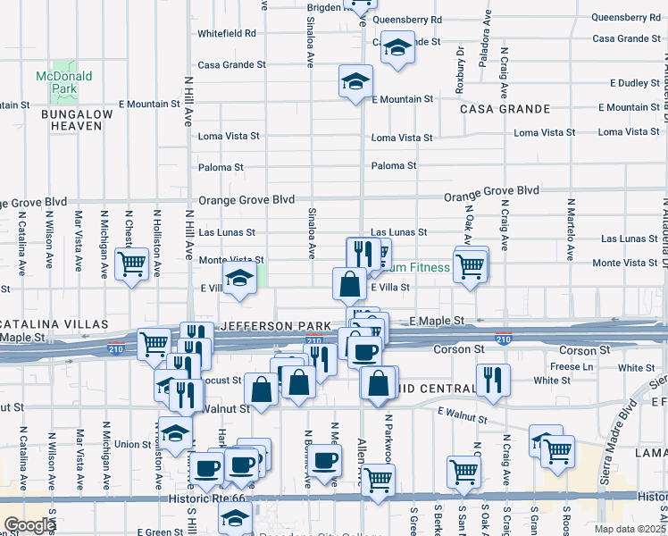 map of restaurants, bars, coffee shops, grocery stores, and more near 1740 Monte Vista Street in Pasadena