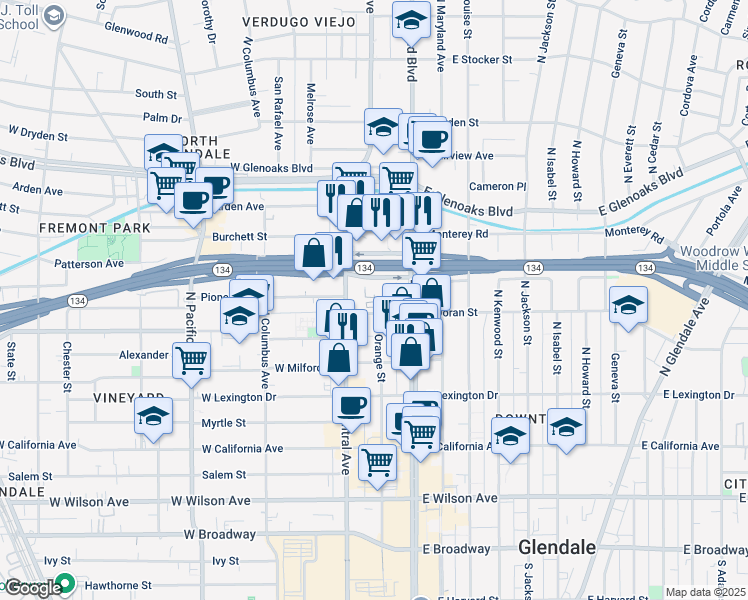 map of restaurants, bars, coffee shops, grocery stores, and more near 185w East Doran Street in Glendale