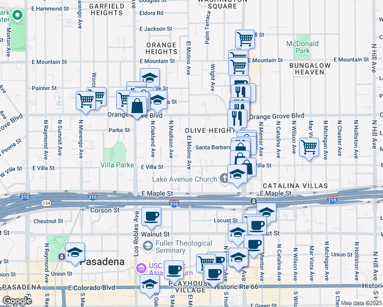 map of restaurants, bars, coffee shops, grocery stores, and more near 532 North El Molino Avenue in Pasadena