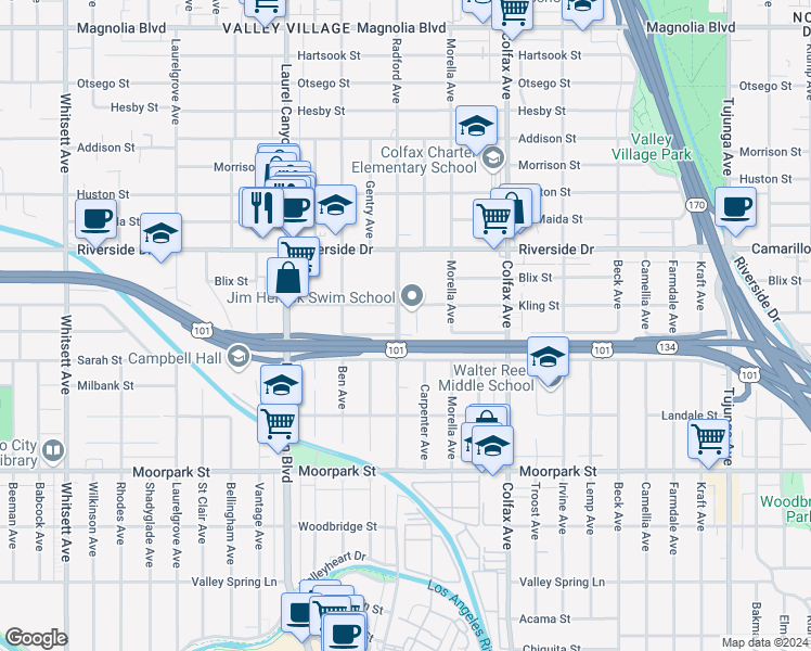 map of restaurants, bars, coffee shops, grocery stores, and more near 4640 Radford Avenue in Los Angeles