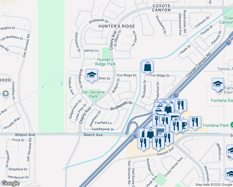map of restaurants, bars, coffee shops, grocery stores, and more near 14834 Shetland Lane in Fontana