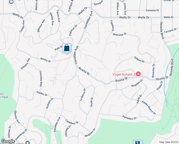 map of restaurants, bars, coffee shops, grocery stores, and more near 19159 Rosita Street in Los Angeles