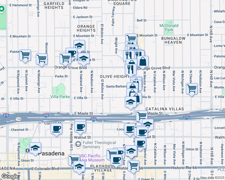 map of restaurants, bars, coffee shops, grocery stores, and more near 724 Santa Barbara Street in Pasadena