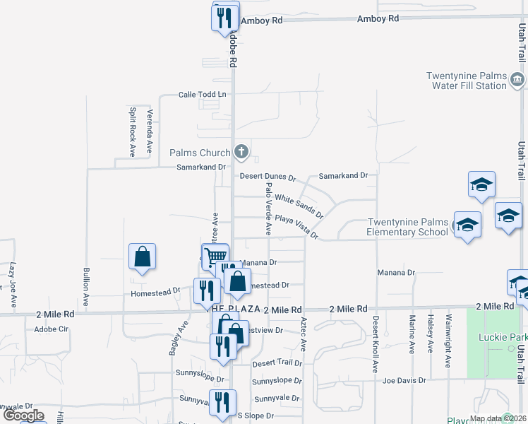 map of restaurants, bars, coffee shops, grocery stores, and more near 73792 Playa Vista Drive in Twentynine Palms