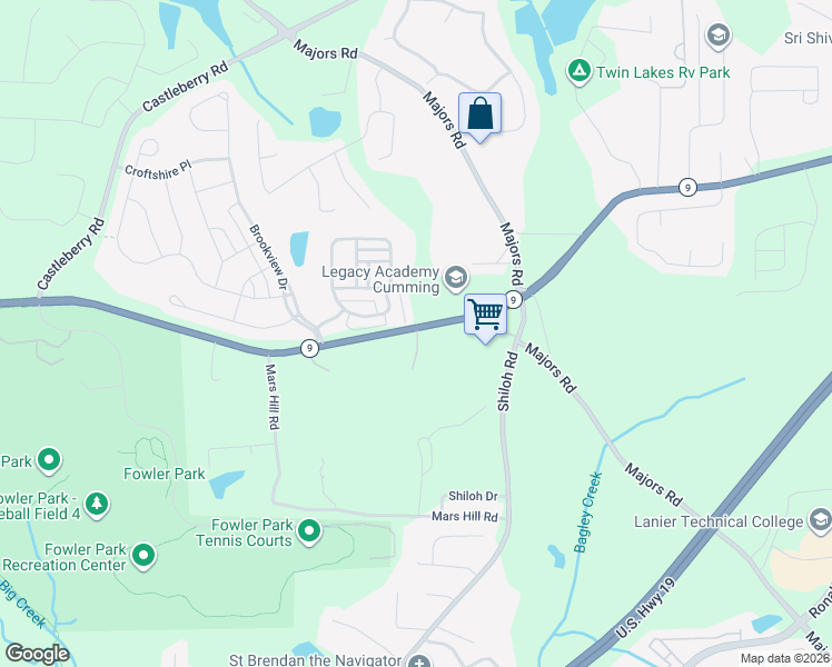 map of restaurants, bars, coffee shops, grocery stores, and more near 3505 Atlanta Highway in Cumming
