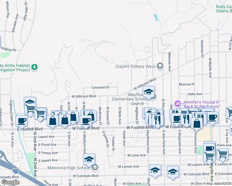 map of restaurants, bars, coffee shops, grocery stores, and more near 725 West Hillcrest Boulevard in Monrovia