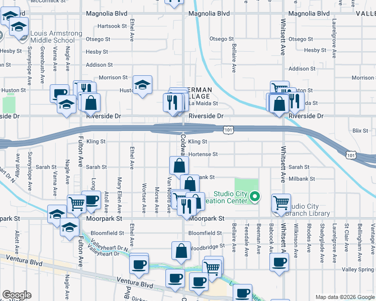 map of restaurants, bars, coffee shops, grocery stores, and more near 4644 Coldwater Canyon Avenue in Los Angeles