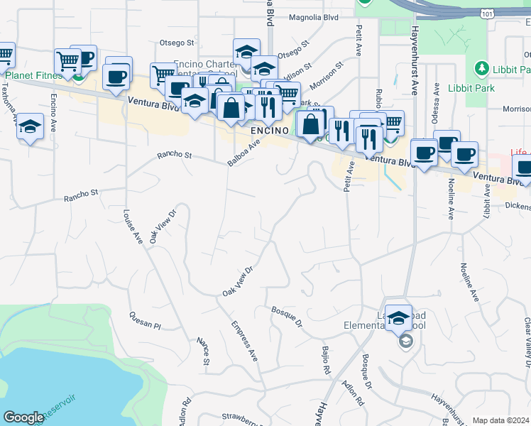 map of restaurants, bars, coffee shops, grocery stores, and more near 16881 Oak View Drive in Los Angeles
