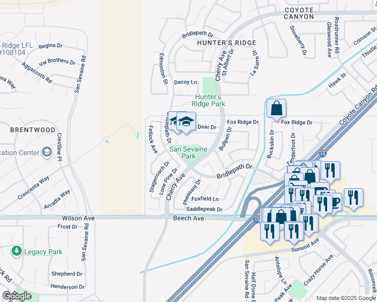 map of restaurants, bars, coffee shops, grocery stores, and more near 5440 Cherry Avenue in Fontana