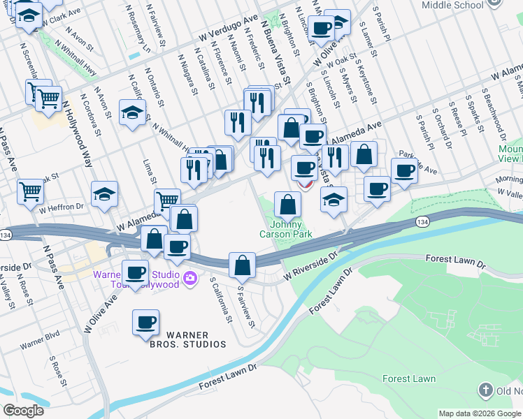 map of restaurants, bars, coffee shops, grocery stores, and more near 289 Bob Hope Dr in Burbank
