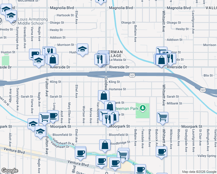 map of restaurants, bars, coffee shops, grocery stores, and more near 12837 Hortense Street in Los Angeles