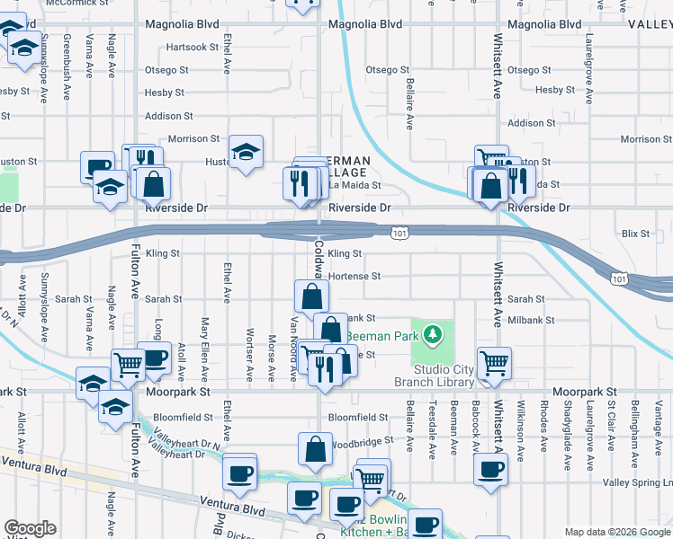 map of restaurants, bars, coffee shops, grocery stores, and more near 12837 Hortense Street in Los Angeles