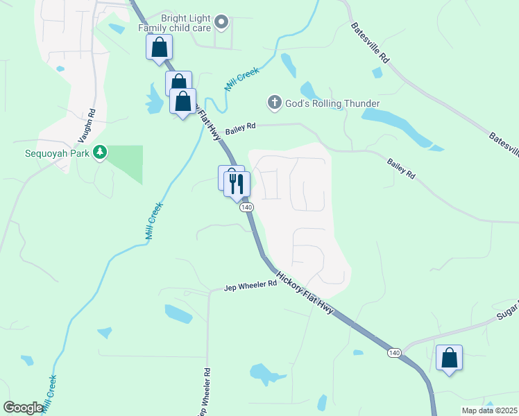 map of restaurants, bars, coffee shops, grocery stores, and more near 7919 Hickory Flat Highway in Woodstock