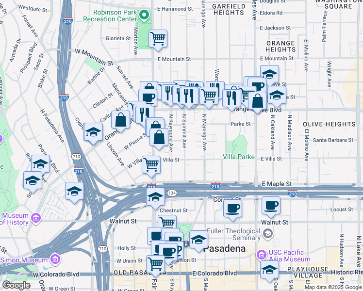 map of restaurants, bars, coffee shops, grocery stores, and more near 530 North Summit Avenue in Pasadena
