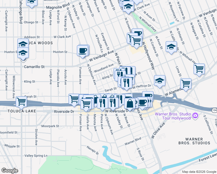 map of restaurants, bars, coffee shops, grocery stores, and more near 4339 West Sarah Street in Burbank