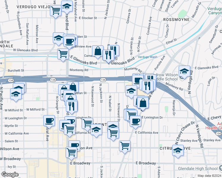 map of restaurants, bars, coffee shops, grocery stores, and more near 610 North Isabel Street in Glendale