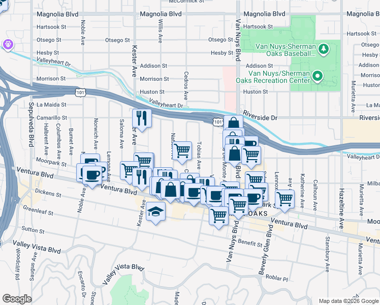 map of restaurants, bars, coffee shops, grocery stores, and more near 4712 Cedros Avenue in Los Angeles