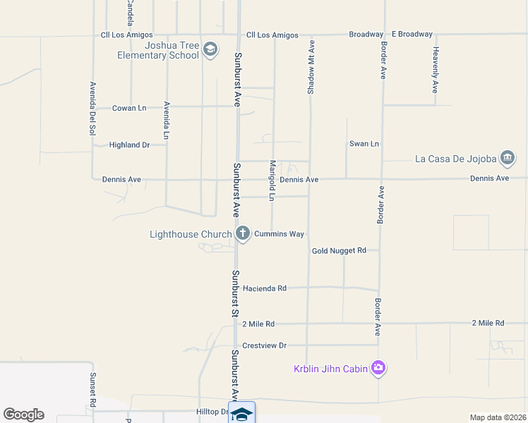 map of restaurants, bars, coffee shops, grocery stores, and more near 62177 Jericho Way in Joshua Tree