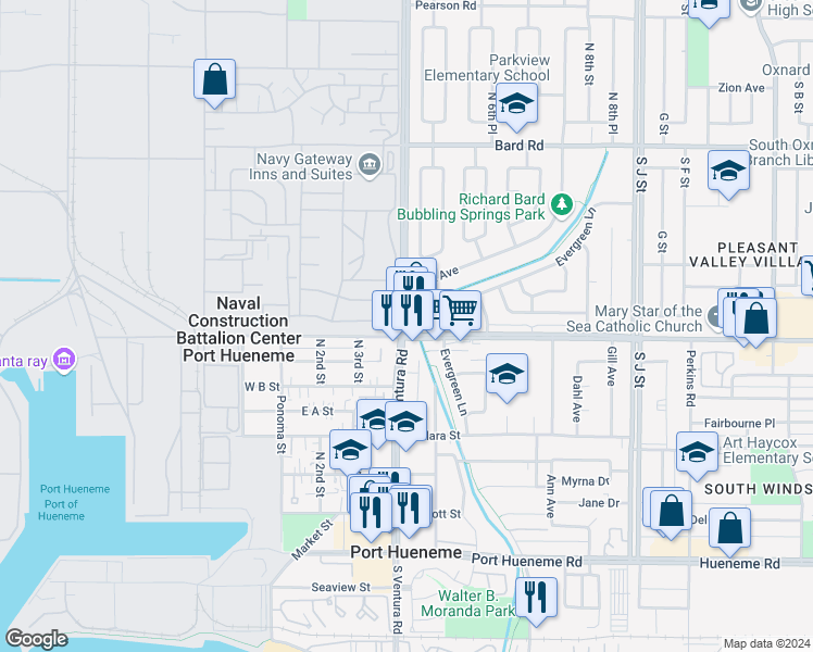 map of restaurants, bars, coffee shops, grocery stores, and more near 814 North Ventura Road in Port Hueneme