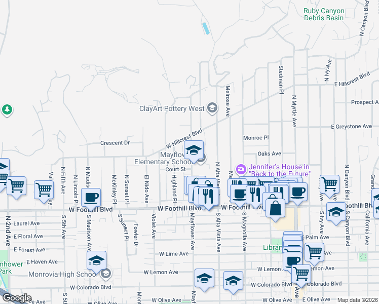map of restaurants, bars, coffee shops, grocery stores, and more near 229 South Mayflower Avenue in Monrovia