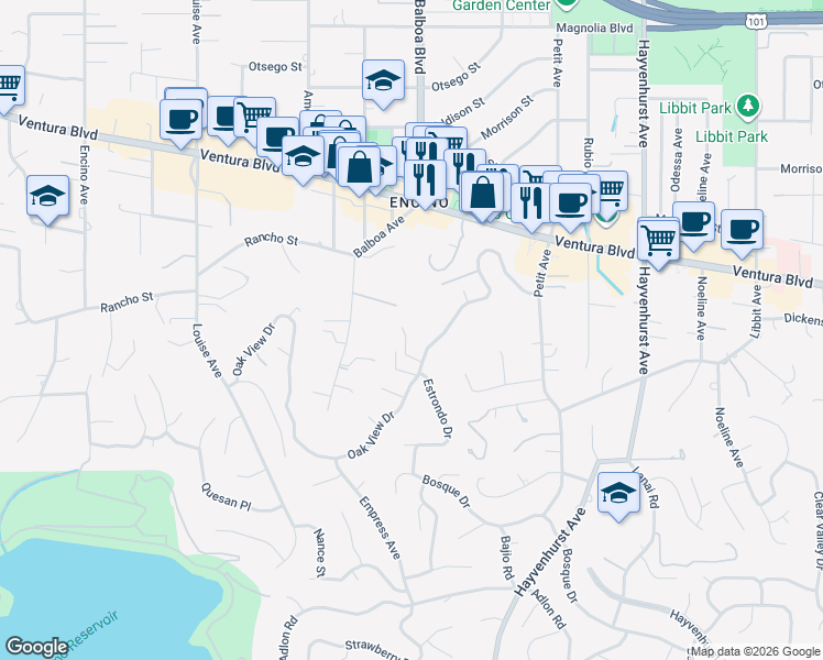 map of restaurants, bars, coffee shops, grocery stores, and more near 16881 Oak View Drive in Los Angeles