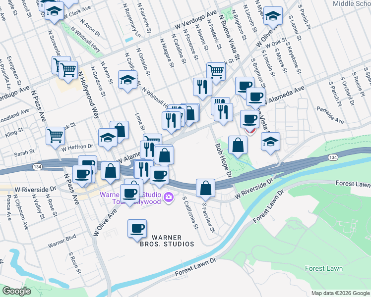 map of restaurants, bars, coffee shops, grocery stores, and more near 3000 West Alameda Avenue in Burbank