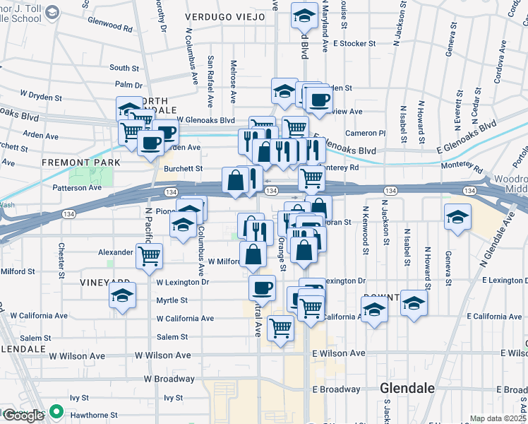 map of restaurants, bars, coffee shops, grocery stores, and more near 600 North Central Avenue in Glendale