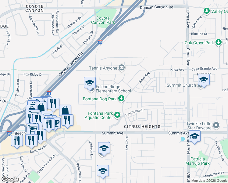 map of restaurants, bars, coffee shops, grocery stores, and more near 5453 Lytle Creek Road in Fontana