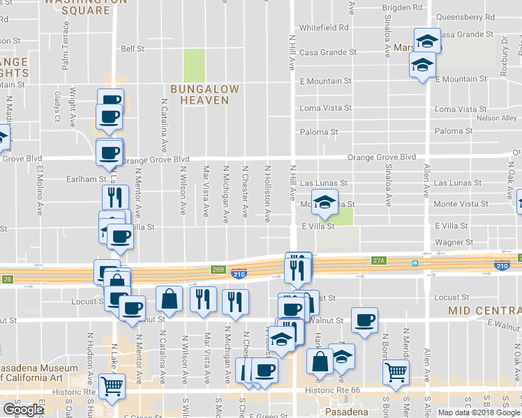 map of restaurants, bars, coffee shops, grocery stores, and more near 519 North Holliston Avenue in Pasadena