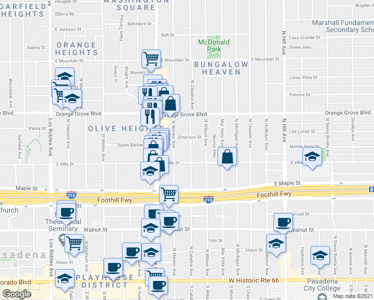 map of restaurants, bars, coffee shops, grocery stores, and more near 526 North Catalina Avenue in Pasadena