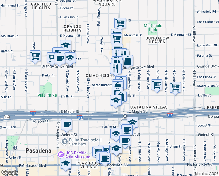 map of restaurants, bars, coffee shops, grocery stores, and more near 808 Santa Barbara Street in Pasadena