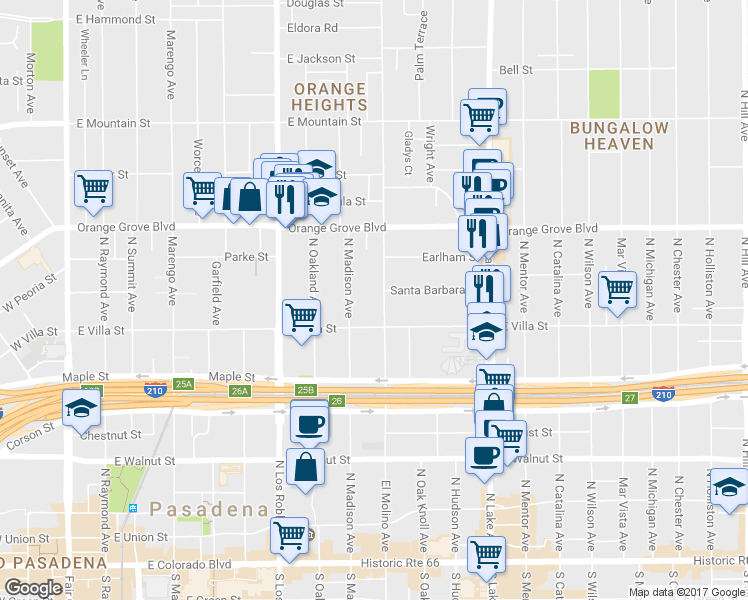 map of restaurants, bars, coffee shops, grocery stores, and more near 532 North El Molino Avenue in Pasadena