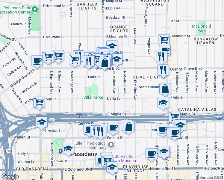 map of restaurants, bars, coffee shops, grocery stores, and more near 519 North Oakland Avenue in Pasadena