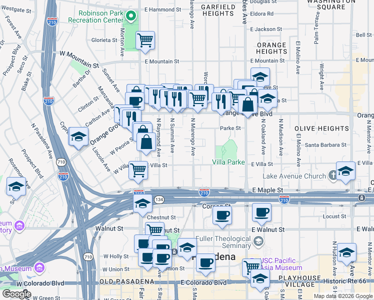 map of restaurants, bars, coffee shops, grocery stores, and more near 527 North Marengo Avenue in Pasadena