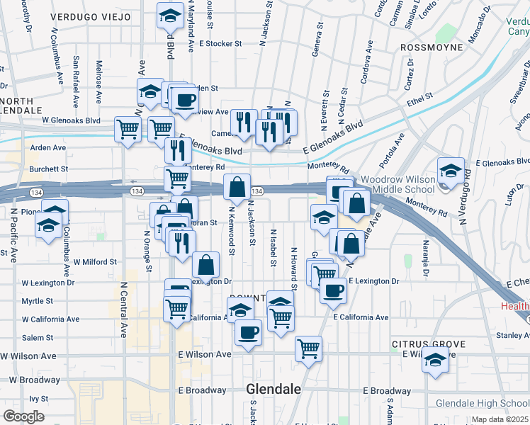 map of restaurants, bars, coffee shops, grocery stores, and more near 607 North Isabel Street in Glendale