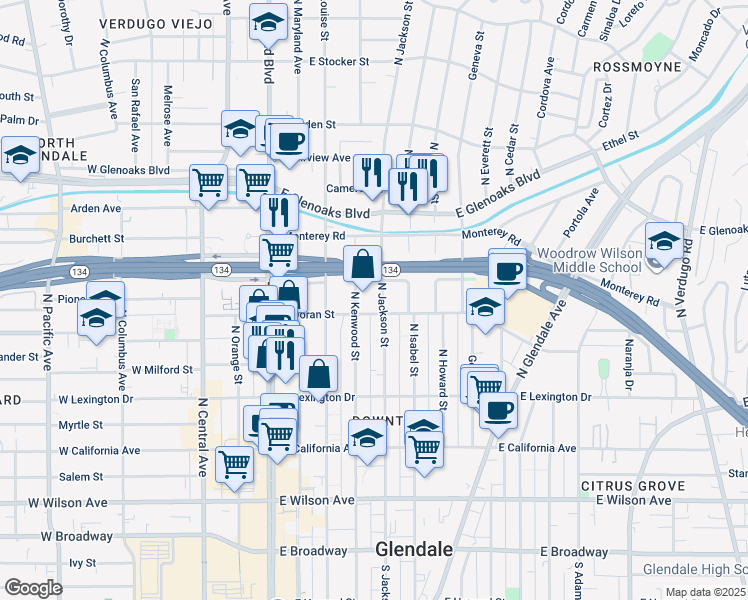 map of restaurants, bars, coffee shops, grocery stores, and more near in Glendale